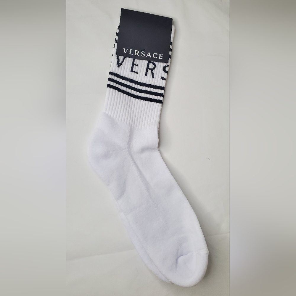 VERSACE size M Women Logo Crew Socks In Black and White Striped Knit Fabric